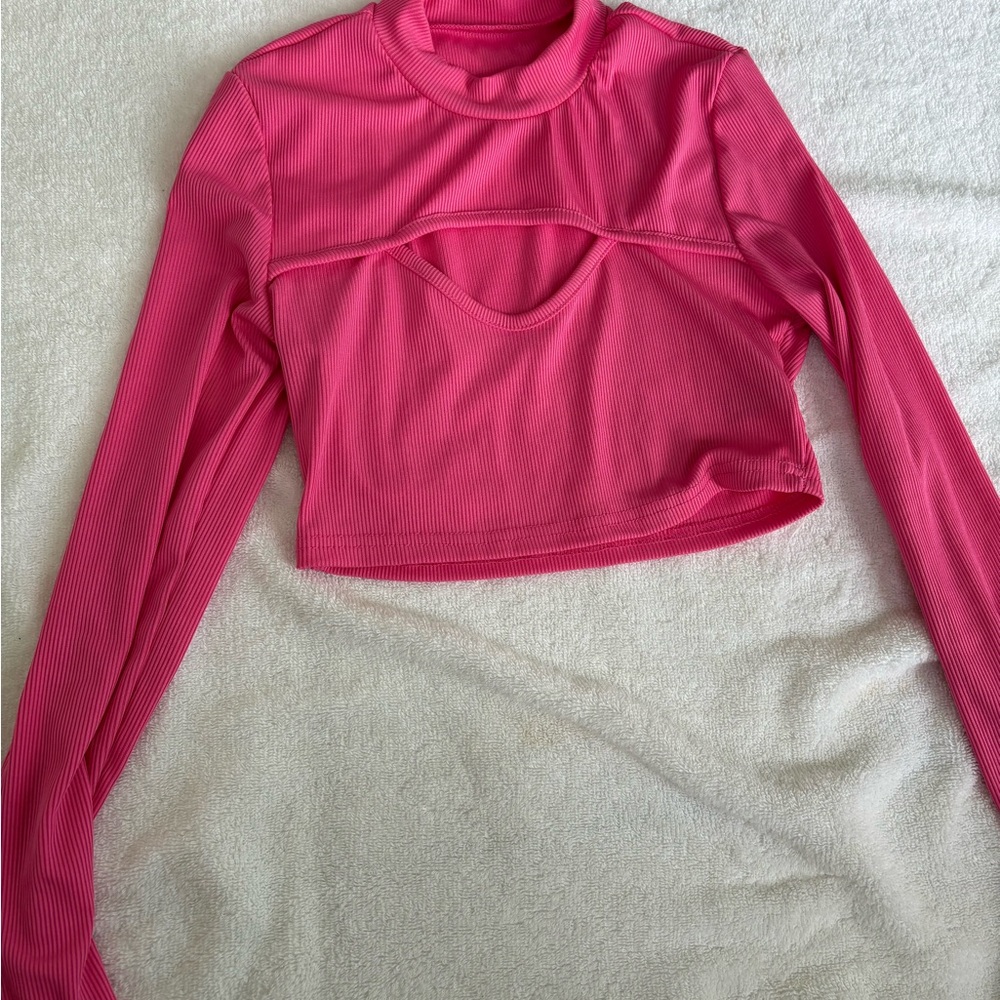 SHEIN Pink Polo Collar Crop Top with Cut Out